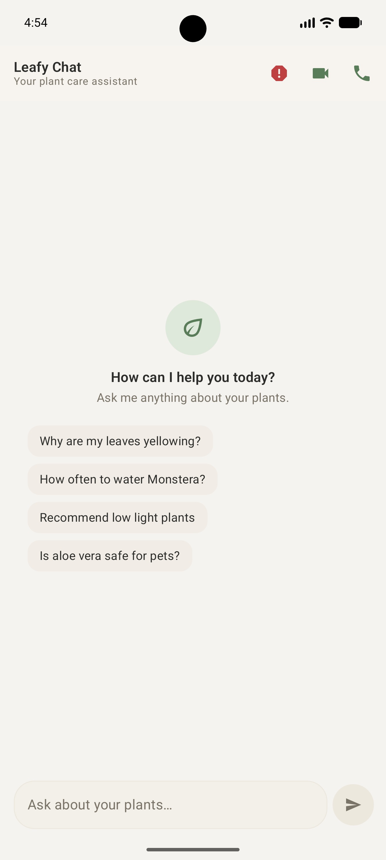 Leafy AI chat screen with assistant for plant diagnosis and gardening guidance