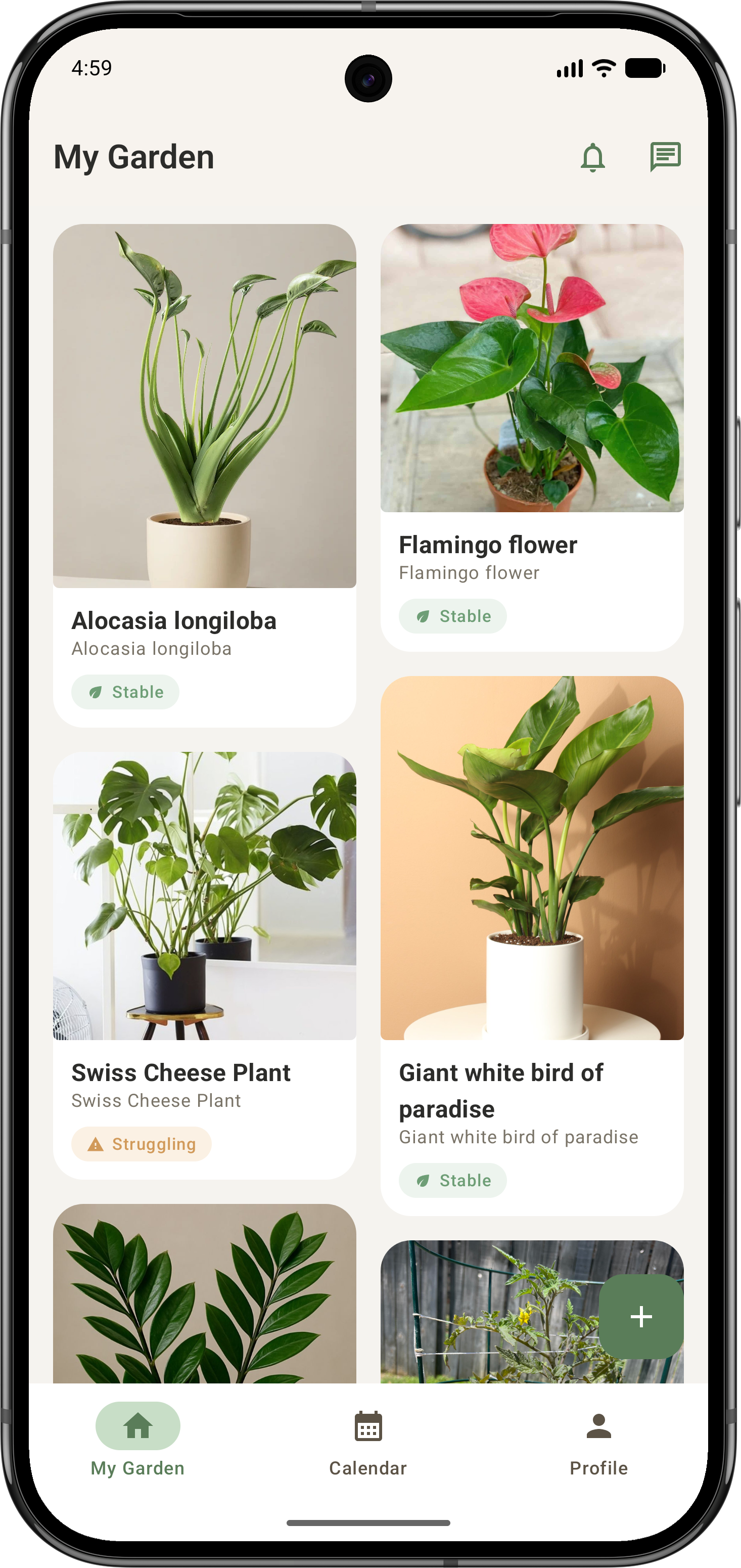 Leafy AI dashboard screen with plant care overview and garden tasks