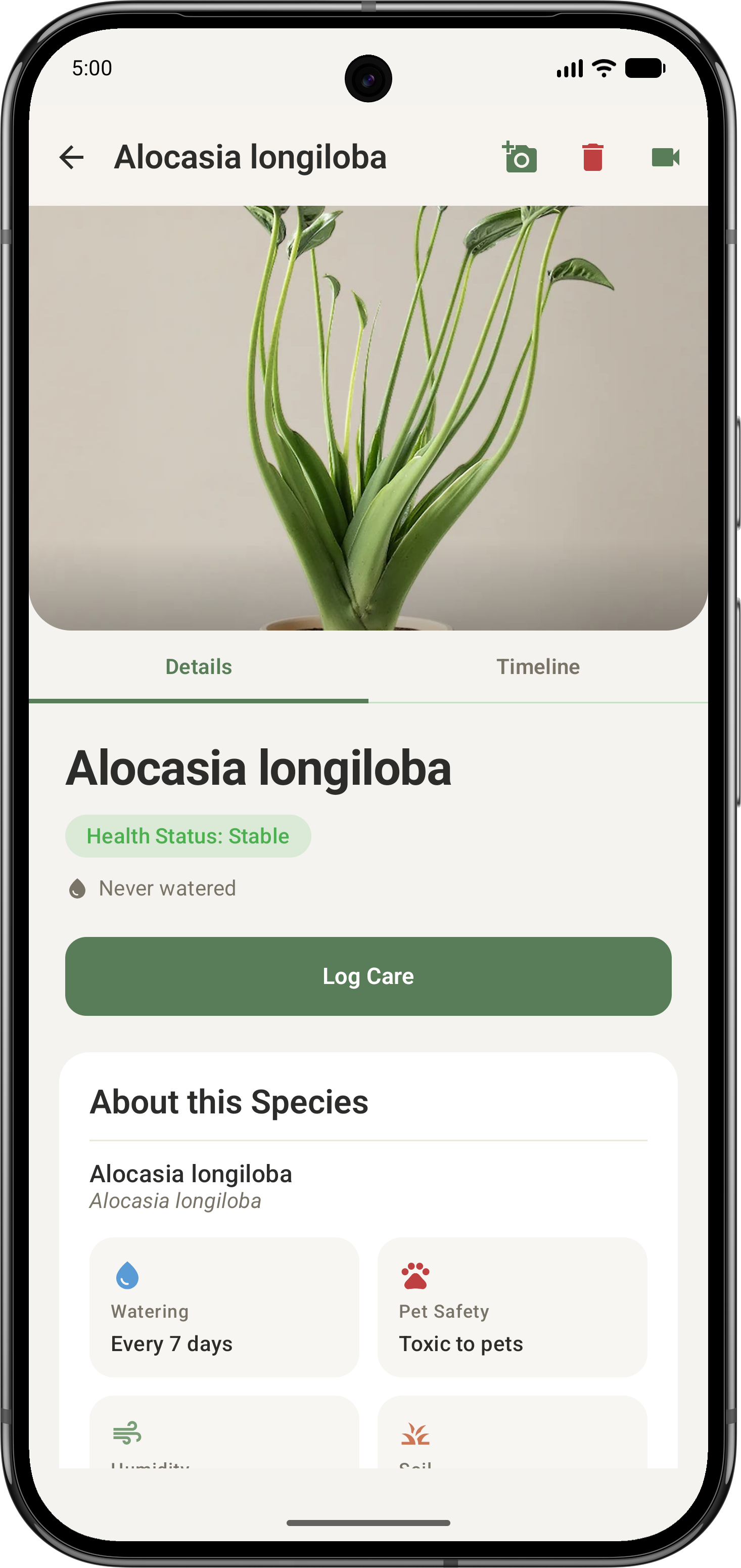 Leafy AI plant page screen showing a plant profile and care details for indoor plant care