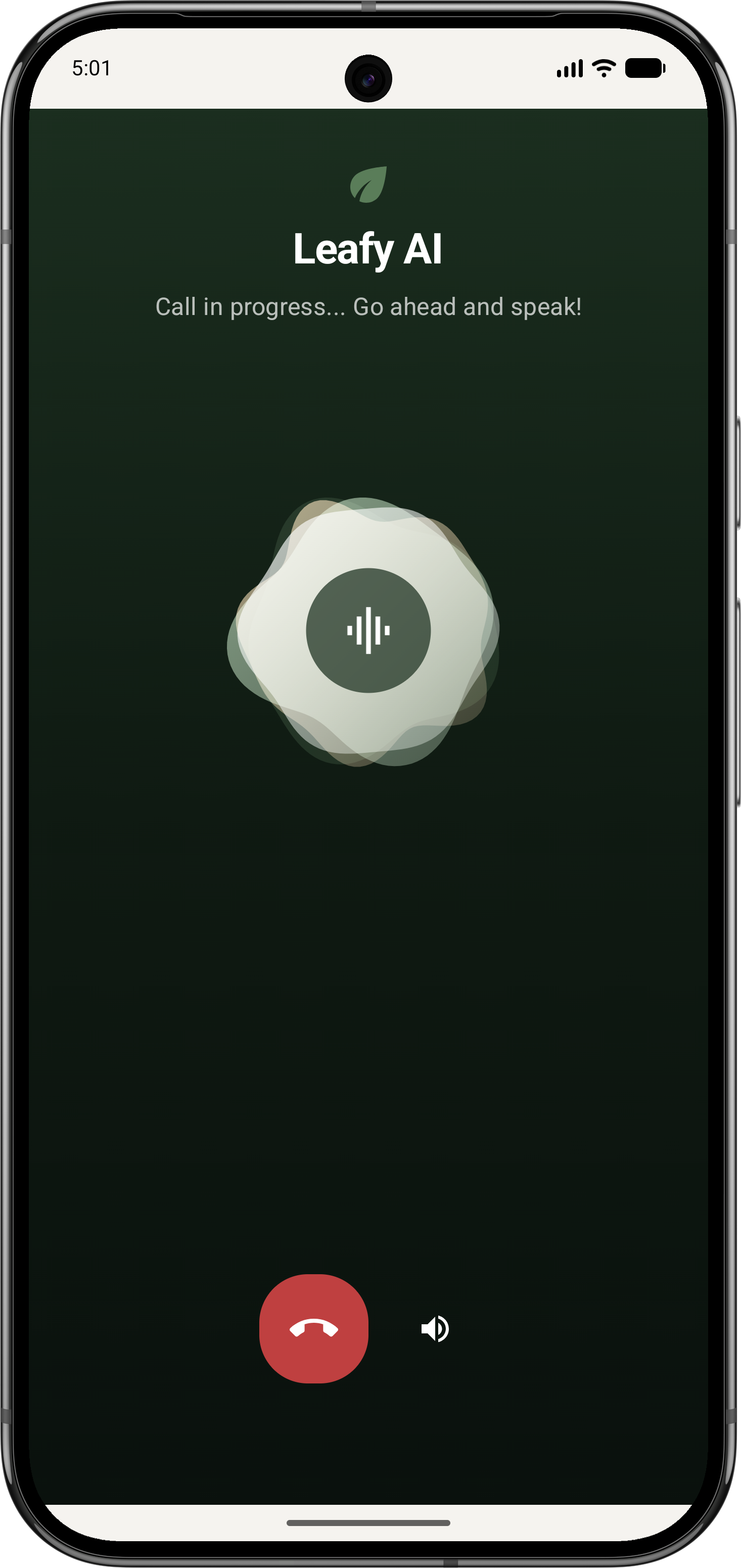 Leafy AI voice call screen with assistant for live plant help