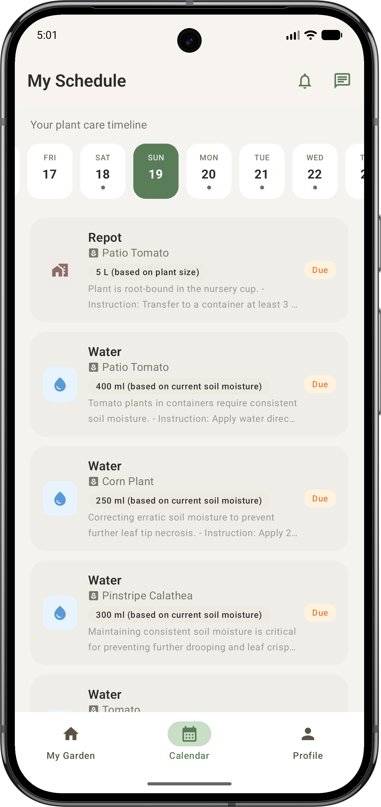 Leafy AI calendar page with plant care tasks and watering reminders