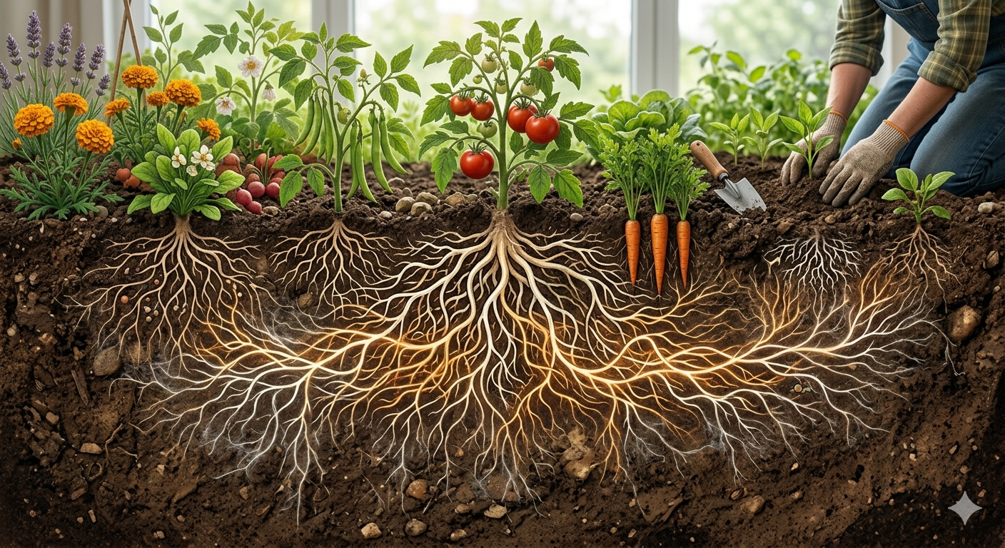 Garden soil and plant roots where mycorrhizal fungi form underground nutrient networks