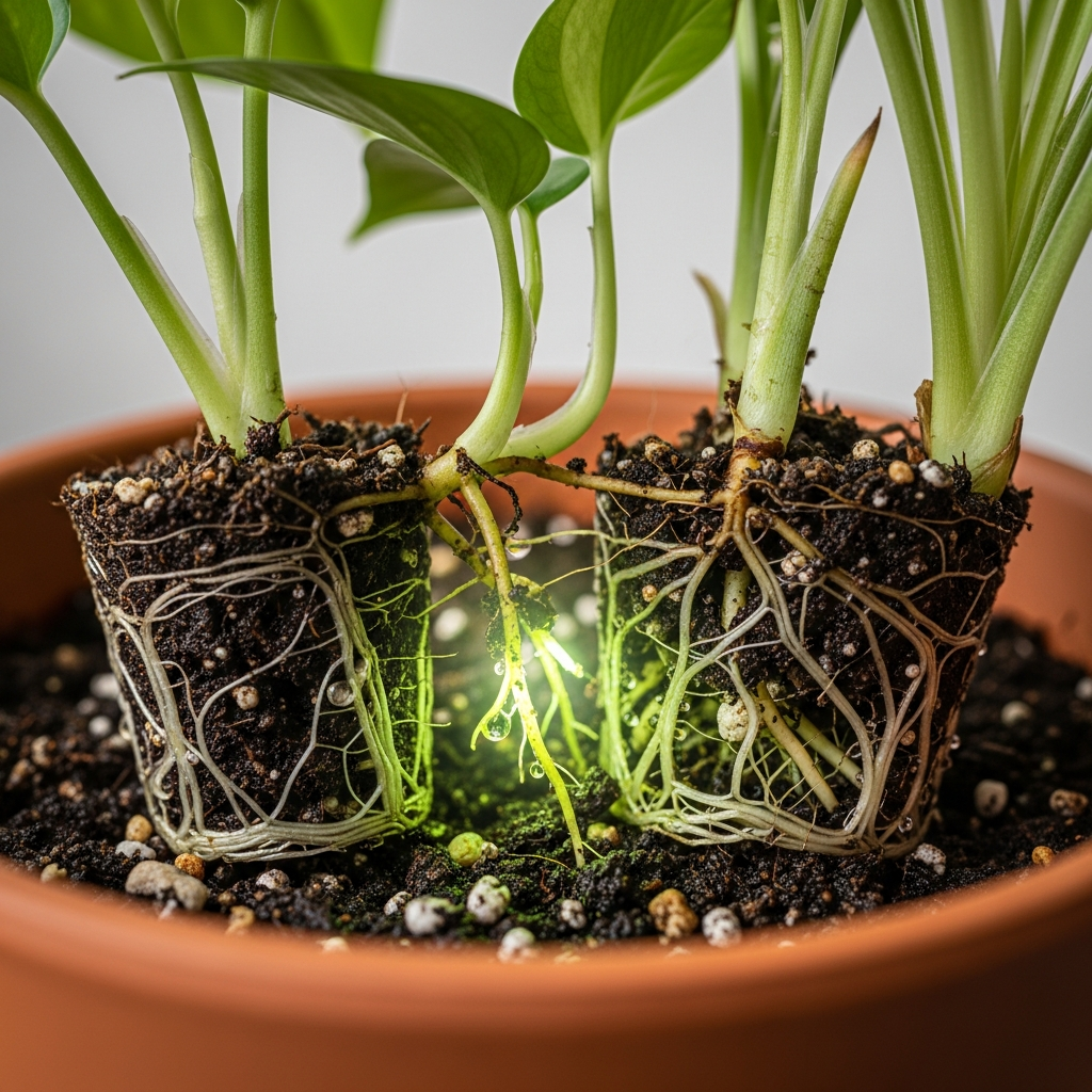 Vibrant houseplants styled side-by-side with a high-tech overlay showing glowing chemical compound lines in the soil and root networks