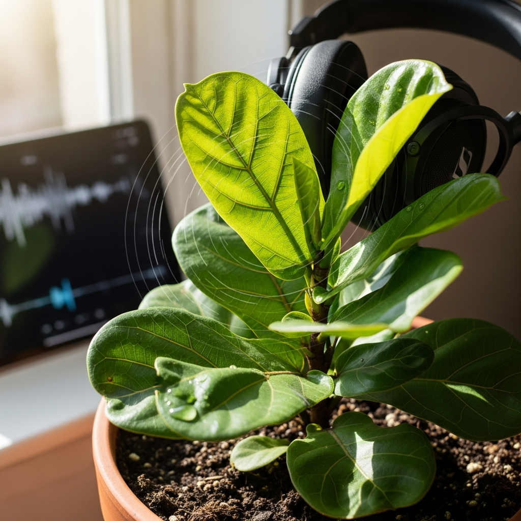 Beautiful houseplants placed on a modern shelf with stylish, abstract audio waveform graphic elements floating elegantly in the ambient light