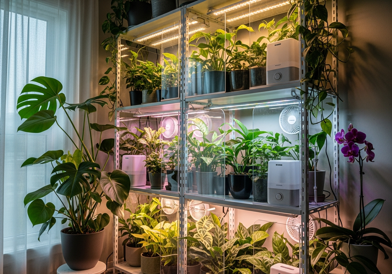 A beautiful IKEA glass display cabinet transformed into a lush, glowing indoor plant greenhouse with built-in grow lights, small USB fans, and vibrant houseplants like Monstera and Alocasia thriving in high humidity.